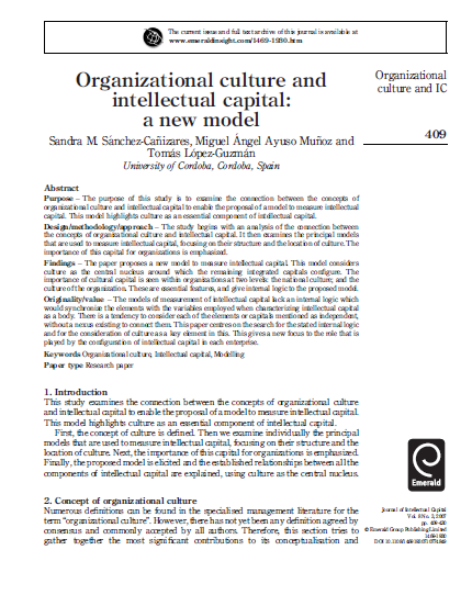 مقاله ترجمه شده با عنوان فرهنگ سازمانی و سرمایه فکری: یک مدل جدید، به همراه اصل مقاله